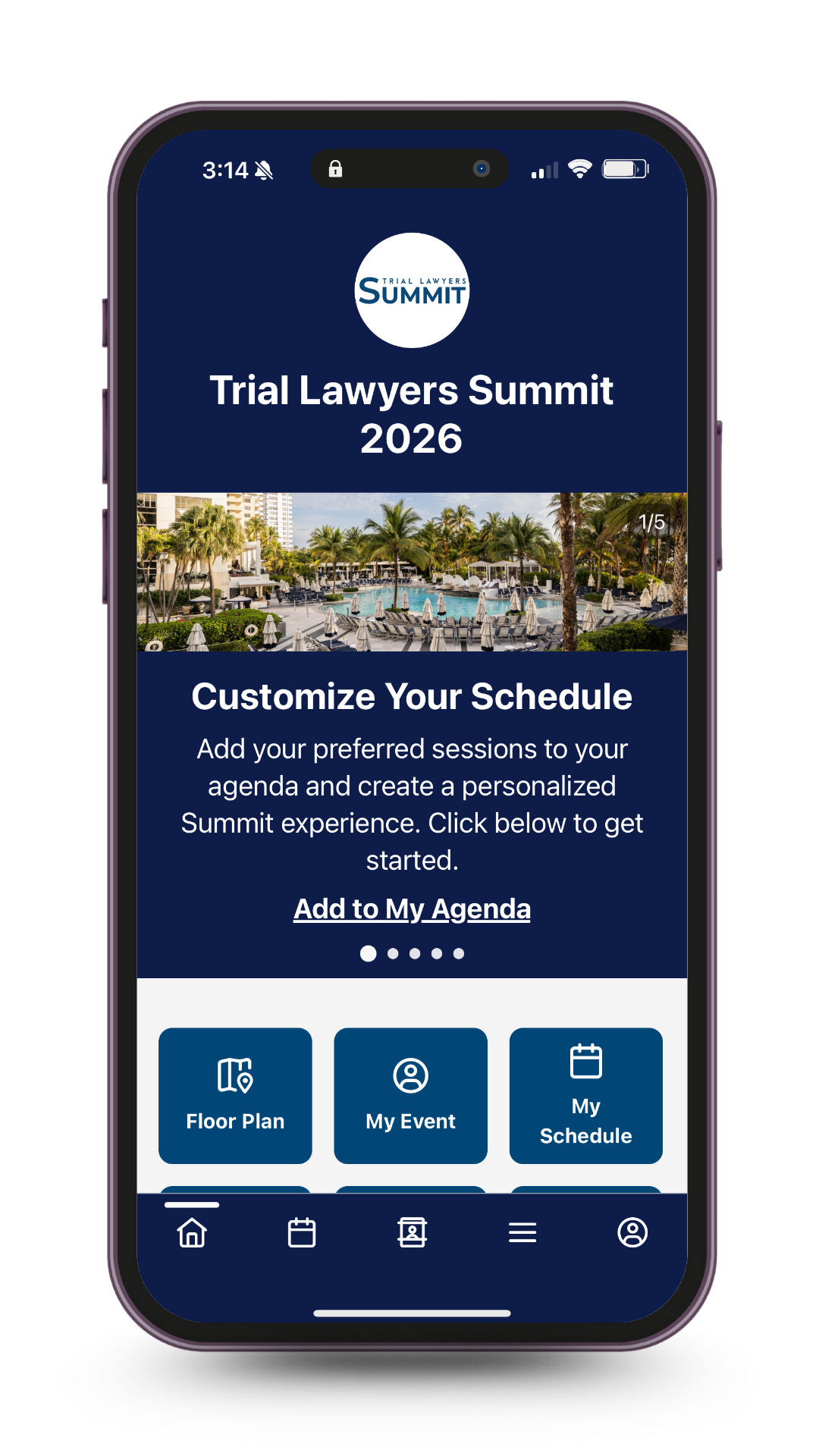 an image of a phone displaying the agenda screen for the summit app